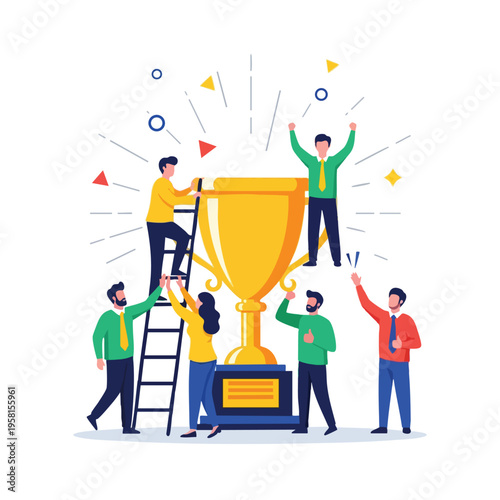 Team celebrating around a golden trophy with abstract shapes