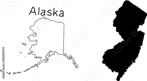 Alaska and New Jersey state map silhouettes in black isolated on white background, clean geographic outlines ideal for design and educational use.