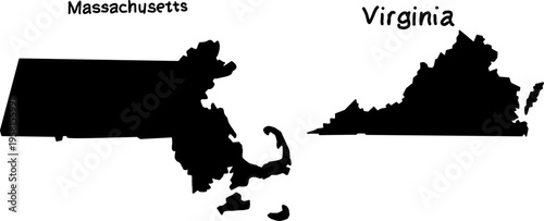 Black silhouettes of Massachusetts and Virginia state maps isolated on white background, clear geographic outlines perfect for design and education use.