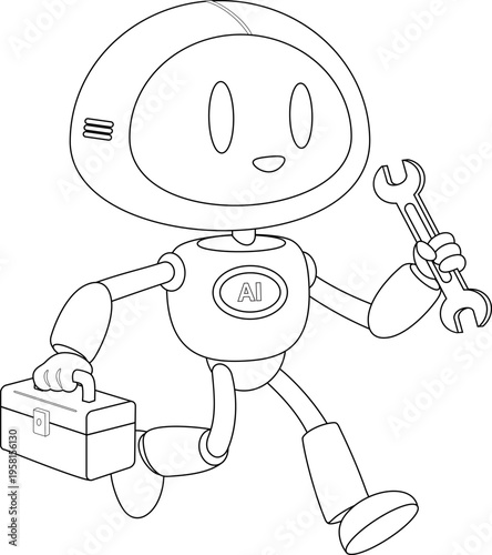 Black and White AI Robot Technician Cartoon Character Running With Wrench And Toolbox – Vector Hand Drawn Illustration Isolated On Transparent Background