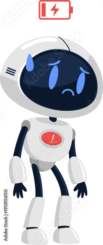 Sad AI Robot Cartoon Character Low Battery Warning  – Vector Illustration Flat Design Isolated On Transparent Background