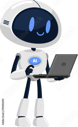 Happy AI Robot Cartoon Character Using Laptop And Working Online – Vector Illustration Flat Design Isolated On Transparent Background