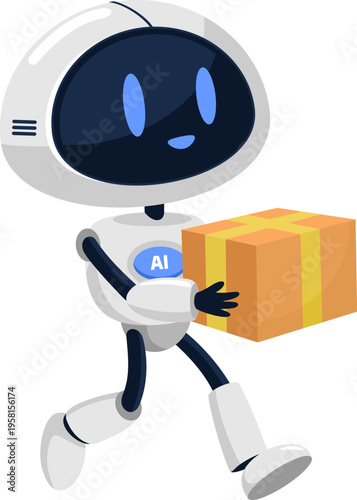 AI Robot Cartoon Character Running With Package Box Delivery Service – Vector Illustration Flat Design Isolated On Transparent Background