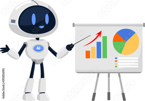 AI Robot Cartoon Character Presenting Business Growth Chart With Analytics Board – Vector Illustration Flat Design Isolated On Transparent Background