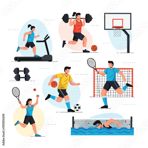 Diverse group of people engaged in various athletic activities, including running, weightlifting, and ball sports