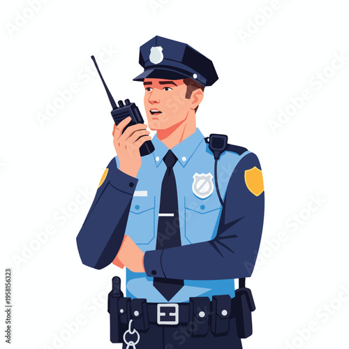 A uniformed officer wearing a hat and badge speaks into a radio