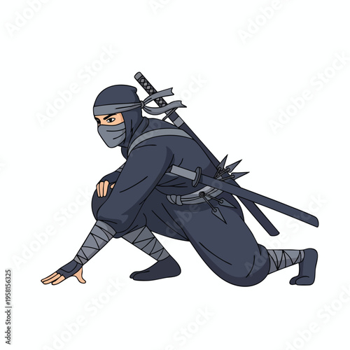 A stealthy figure in dark attire kneels ready, carrying swords and shurikens
