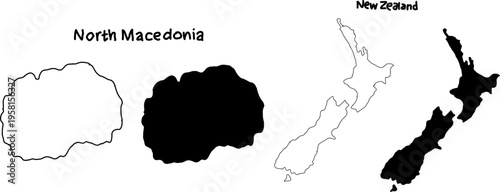 Black and white silhouettes of North Macedonia and New Zealand maps, with outlined and filled country shapes for geography, education, and design use.
