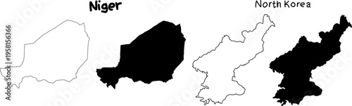 Black and white silhouettes of Niger and North Korea maps, with outlined and filled country shapes for geography, education, and modern design use.