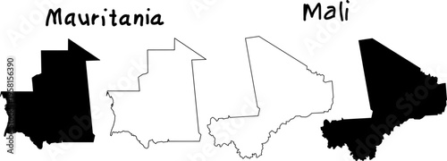 Black and white silhouettes of Mauritania and Mali maps, featuring outlined and filled country shapes for geography, education, and graphic design use.