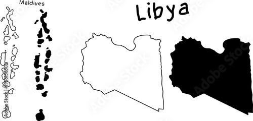 Black and white vector silhouettes of Maldives islands and Libya map, showing outline and filled shapes, minimal geographic illustration for infographic use.