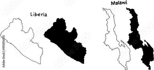 Black and white vector silhouettes of Liberia and Malawi maps, showing outline and filled shapes, minimal geographic illustration for infographic and design use.