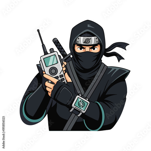 Fierce ninja in black attire holds a walkie-talkie, eyes sharp, swords visible