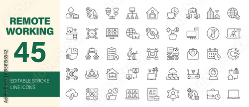 Remote working icon set. Editable line icons. Vector illustration.