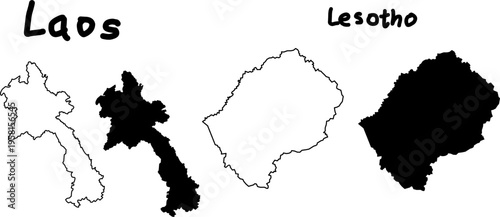 Black and white vector silhouettes of Laos and Lesotho maps, featuring outline and solid shapes, minimal geographic illustration for infographic and design use.