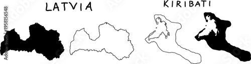 Black and white vector silhouettes of Latvia and Kiribati maps, showing outline and filled shapes, clean minimal geographic illustration for infographic design.