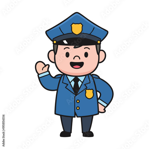 Cute cartoon policeman in blue uniform with cap and badge, waving