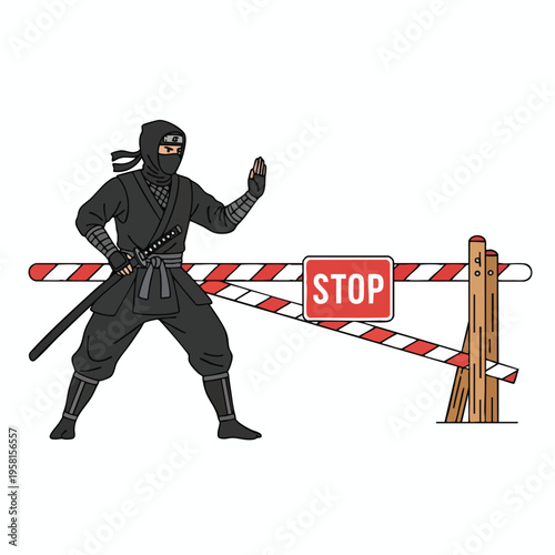 Stealthy warrior halts passage at a striped barricade with stop sign