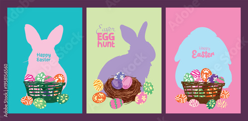 Pastel Easter Poster Set with Bunny Silhouette and Colorful Eggs in Wicker Basket