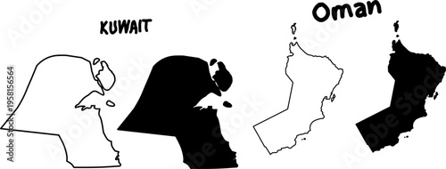 Minimal black and white vector silhouettes comparing Kuwait and Oman map outlines and filled shapes, clean geographic illustration for infographic or educational use.