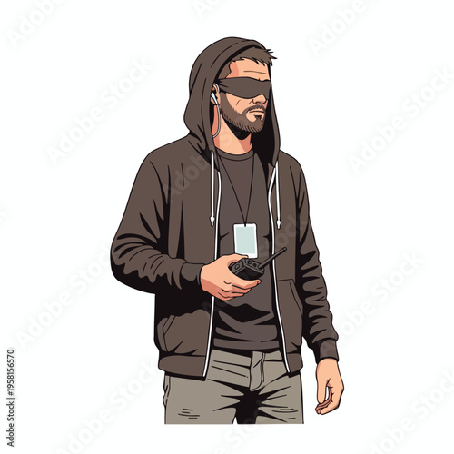 Blindfolded man in hoodie, with earbuds and radio, stands looking right