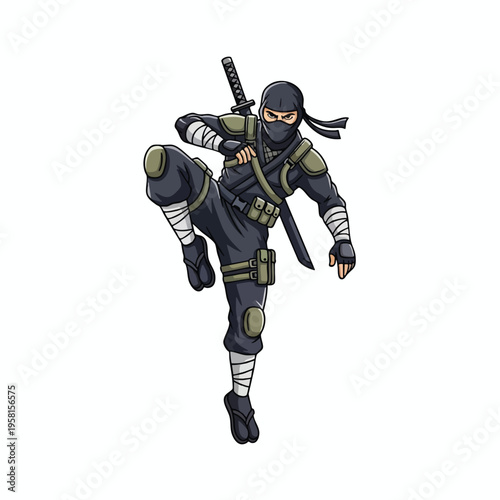 A ninja in black gear lunges forward with a sword on their back and bandages