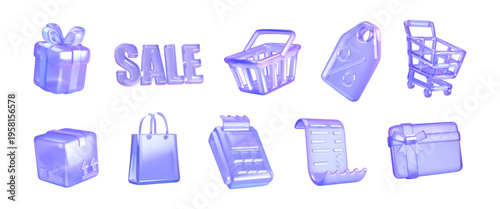 Set of shiny purple shopping icons including gift, cart, sale text, and tag. Vibrant design suitable for ecommerce websites and marketing materials.