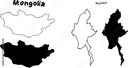 Mongolia and Myanmar map silhouettes in outline and solid styles, minimal vector shapes isolated on white background for geographic design use