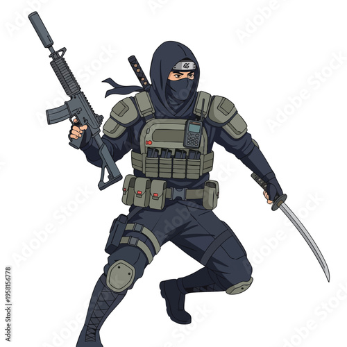 Tactical ninja warrior with assault rifle and sword, ready for action