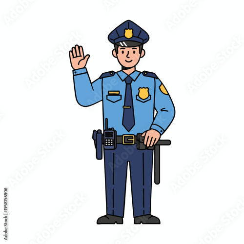 Cartoon police officer in uniform with badge, waving hello and holding a baton
