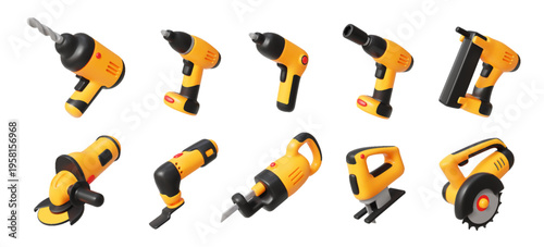 Set of 3D power tools with vibrant yellow and black accents. Includes drill, saw, and grinder depicted in a modern, realistic style on a white background.