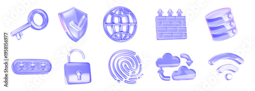 Glossy 3D icons in various shades of purple. Includes symbols for internet security, data protection, and connectivity. Perfect for modern digital interfaces.