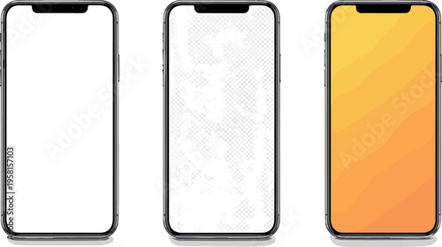 Set of realistic smartphone mockups with blank screen, subtle pattern texture and orange gradient display isolated on light background for mobile UI presentation