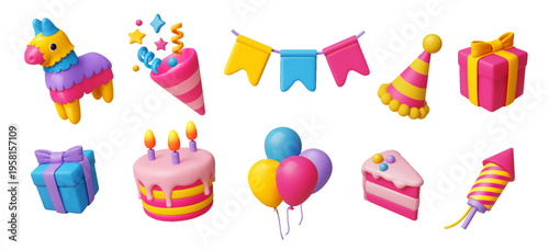 Colorful 3D icons with festive elements in bright cartoon style. Includes cake, balloons, gifts against white background. Perfect for celebration themes.