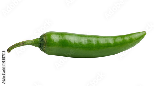 A fresh, vibrant green chili pepper, known for its piquant flavor and fiery spice, isolated on a clean white background, ideal for culinary use and healthy food concepts