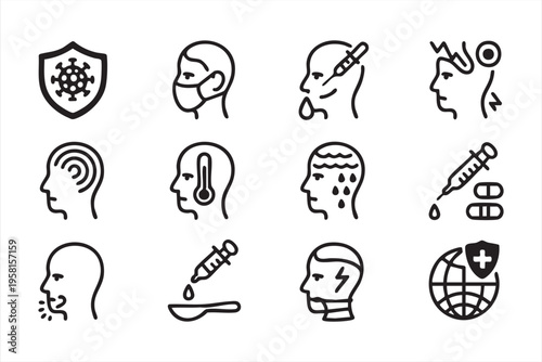 Medical Patient and Symptom Icons with Pain Fever and Injection