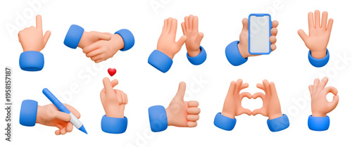 Set of 3D cartoon hands in various gestures, including pointing and thumbs up. Features smooth design with blue cuffs against white background.
