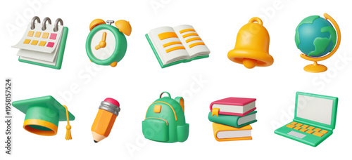 Set of colorful educational icons in 3D style featuring school supplies like calendar clock book bell globe. Bright and vibrant colors create engaging visuals on white background.