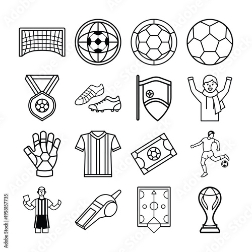 Soccer and Football Sports Tournament Line Art Icon Set