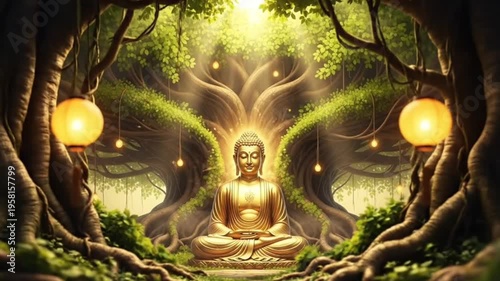 Buddha Purnima radiant enlightenment scene with golden Buddha meditating beneath sacred bodhi tree glowing spiritual light symbol of wisdom peace and Mahavir