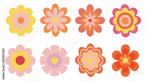 A collection of eight stylized colorful flowers in a row