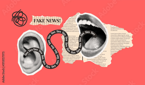 Collage art showing an ear and mouth linked by misleading text against newspaper texture. This portrays the spread of misinformation on a bold red background.
