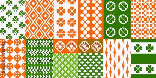 A colorful grid of repeating patterns featuring clovers and diamonds