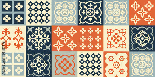 A colorful arrangement of vintage ceramic tile patterns in a grid