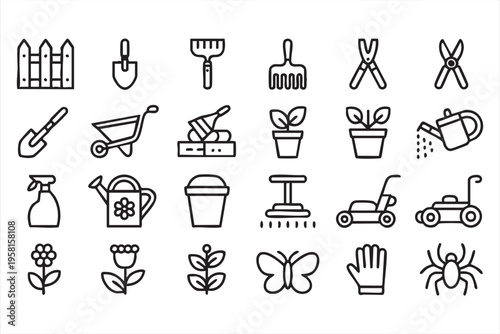 Gardening Tools and Lawn Care Outline Icon Set for Landscaping