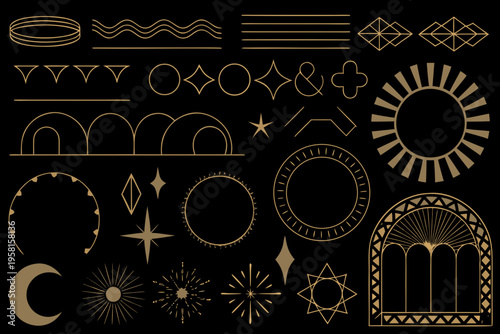 Geometric shapes and lines in gold on a black background