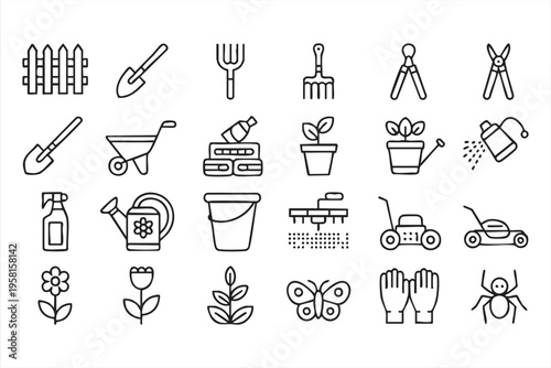 Lawn Maintenance Icons Featuring Mower Plants and Tools