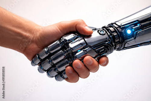A striking close-up of a robotic metallic hand shaking hands with a human hand, symbolizing AI and human collaboration.