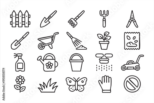 Gardening Tools and Lawn Care Outline Icon Set for Landscaping