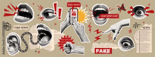 A collage depicting elements of misinformation and communication in a mixed media style. Monochrome tones with red accents create a dynamic narrative.
